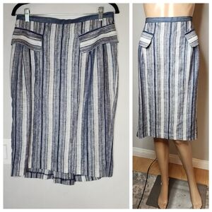 Eva Franco Linen Below Knee Skirt Gold Blue Stripe Size 8 Anthropologie